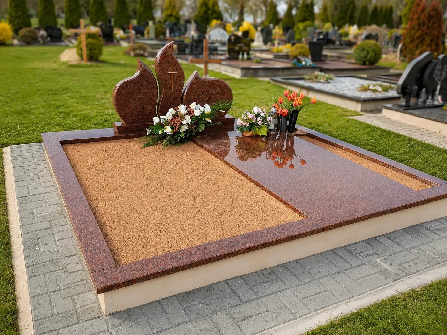 Kapavietė su rudo granito paminklais, granito rėmu ir smėlio užpildu